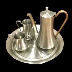 Selangor Malaysia MCM Pewter Teapot Sugar & Creamer Tray Set 4pc